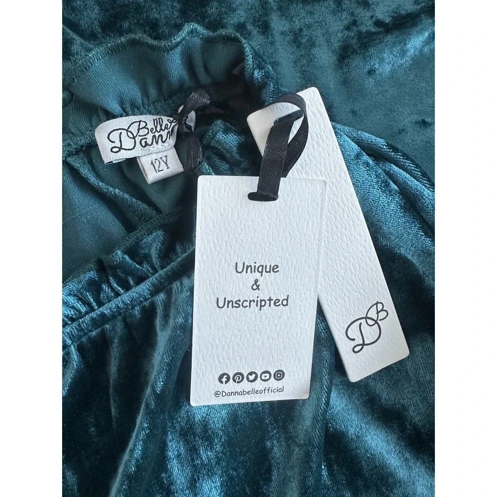 NWT! Danna Belle Girl's Sz: 12Y Teal Velour Crushed Velvet Tiered Dress